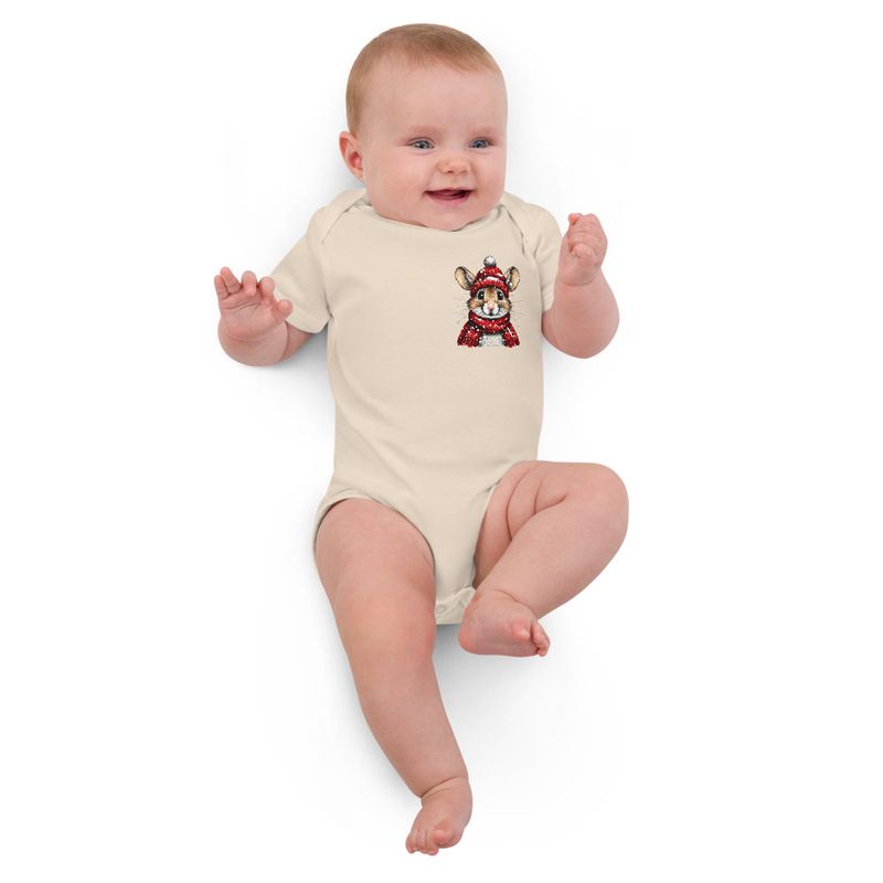 Organic Cotton Baby Bodysuit, 3-18 months, Mouse wearing red winter hat and scarf, xg8dl3,left chest