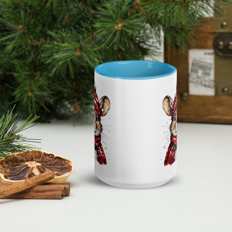 White Ceramic Mug with Color Inside, 11&amp;15oz, Mouse wearing red winter hat and scarf in snow, xg8dl3