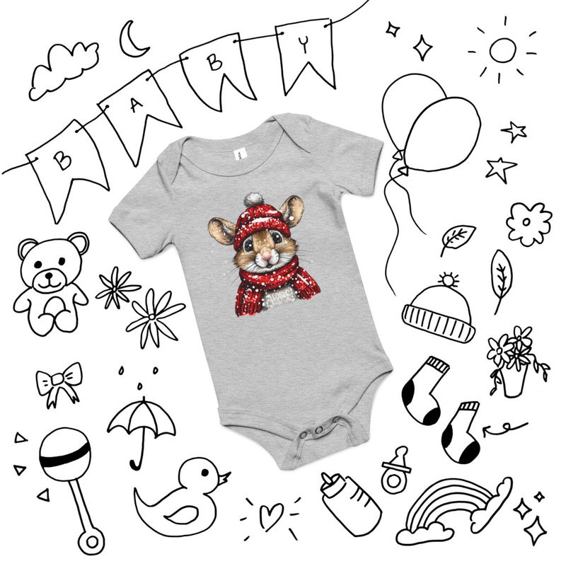 Baby Short Sleeve One Piece, 3-24 Months, Mouse wearing red winter hat and scarf in the snow, xg8dl3