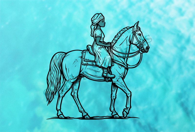 Horse with young female rider outline art