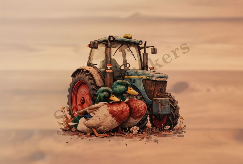 Ducks cuddling in front of farmer&#x27;s tractor