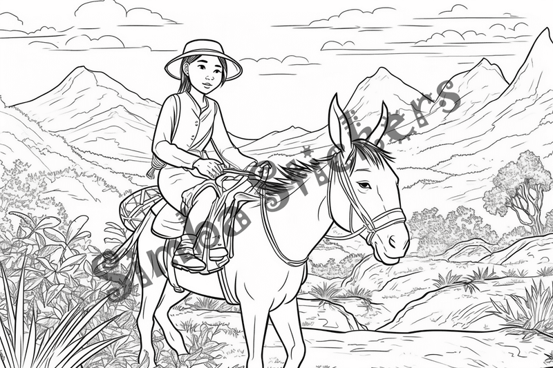 Colouring pages, bundle of mules carrying passengers, 10 images