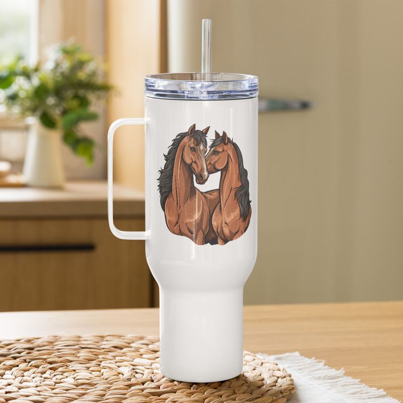 Travel Mug, Cattle, Two brown horses snuggling, tdwcyd