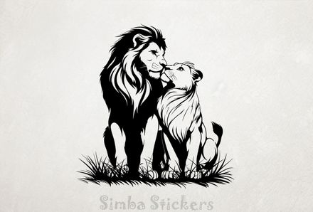 Male with lioness nose-to-nose affectionately, outline art, xdodat