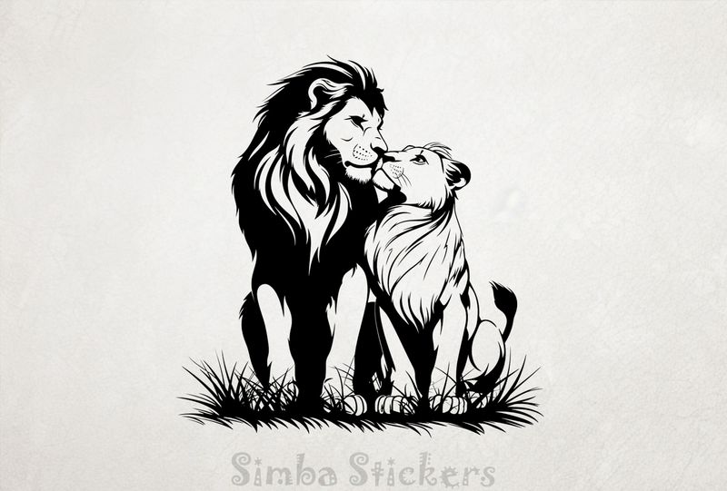 Male with lioness nose-to-nose affectionately, outline art, xdodat