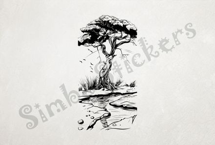 African Savanna landscape, tree upright, outline art