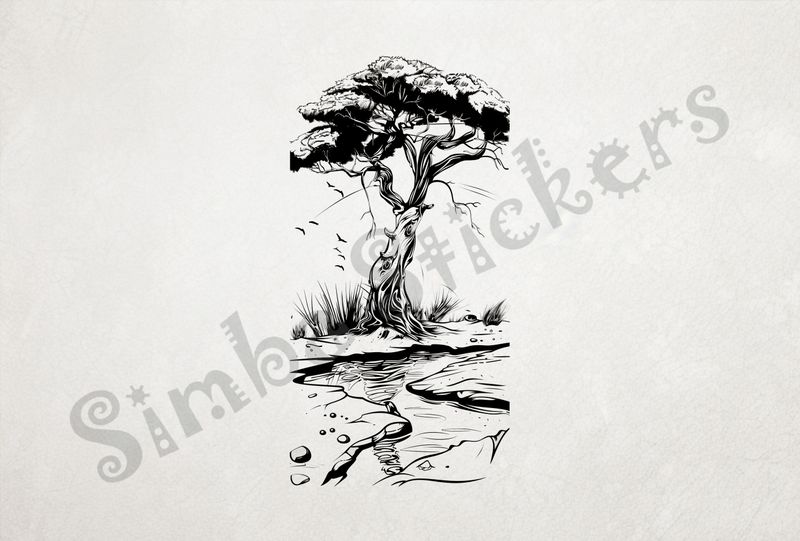 African Savanna landscape, tree upright, outline art