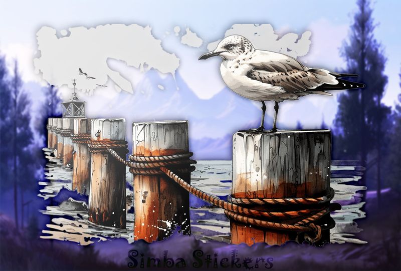 Seagulls perching on a wooden fence close to shore, watercolour, umpgms