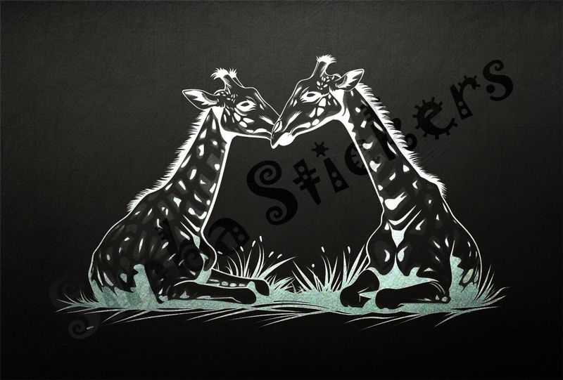 Giraffes nose-to-nose sitting in the Savanna, outline art
