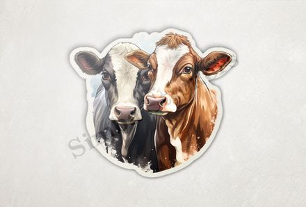 Cows, black and brown,  cheek-to-cheek, watercolour