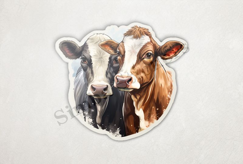 Cows, black and brown,  cheek-to-cheek, watercolour