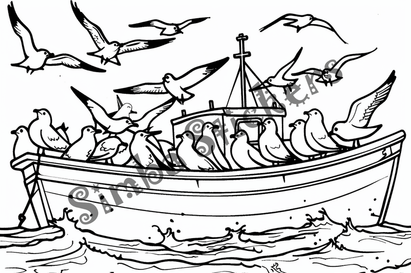 Colouring pages, bundle of seagulls harassing boats, 10 images