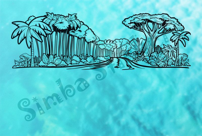Equatorial Rainforest landscape, trees with large leaves, outline art