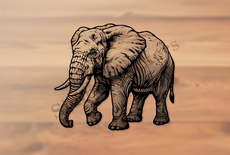 Elephant, walking, from side, outline art