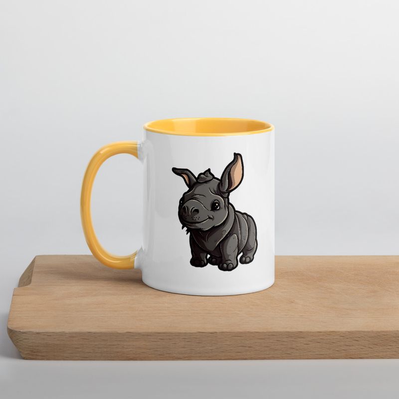 White Ceramic Mug with Color Inside, 11oz &amp; 15oz, Black rhino calf looking cute 