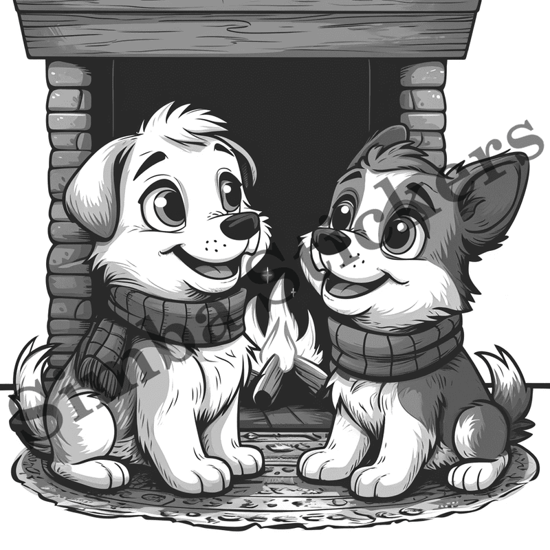 Dogs cuddling by fireplace, outline art, image set, 10 images