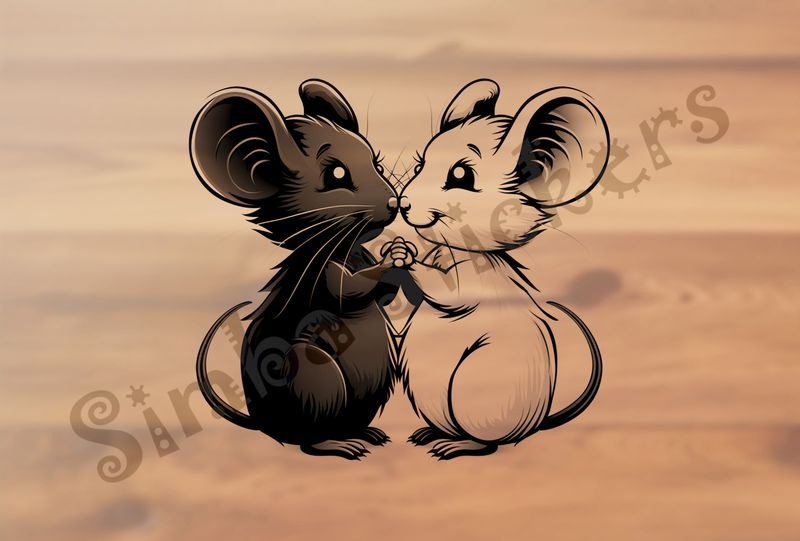 Mice nose-to-nose, holding hands, outline art