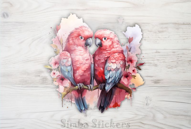 Reddish parrots perching in pinkish background, watercolour, kzebwr