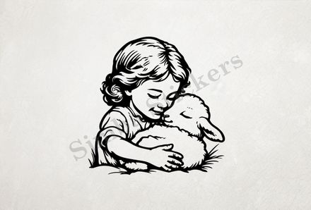 Small lamb cheek-to-cheek with small girl, outline art