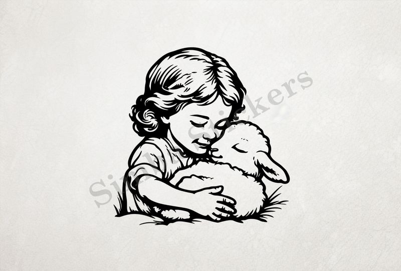 Small lamb cheek-to-cheek with small girl, outline art