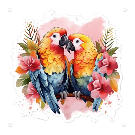 Sticker 5.5x5.5, Parrots in love among flowers in pinkish background, watercolour, nvcywh