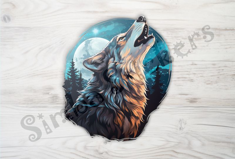 Wolf howling at the moon under colourful moonlight