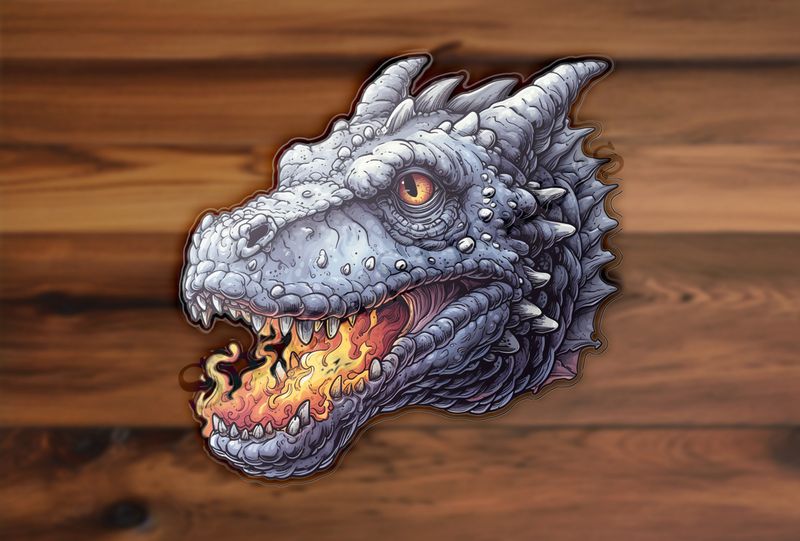 Fierce grey dragon breathing fire, face