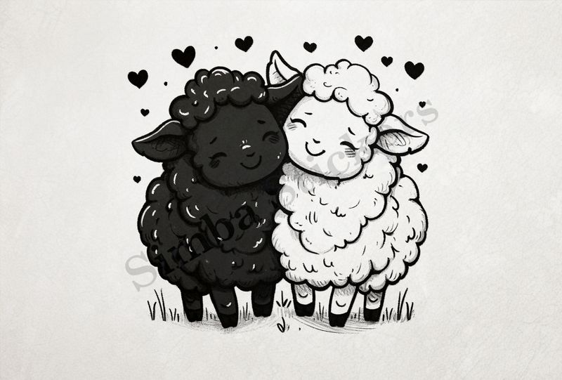 Cute sheep in love,  outline art