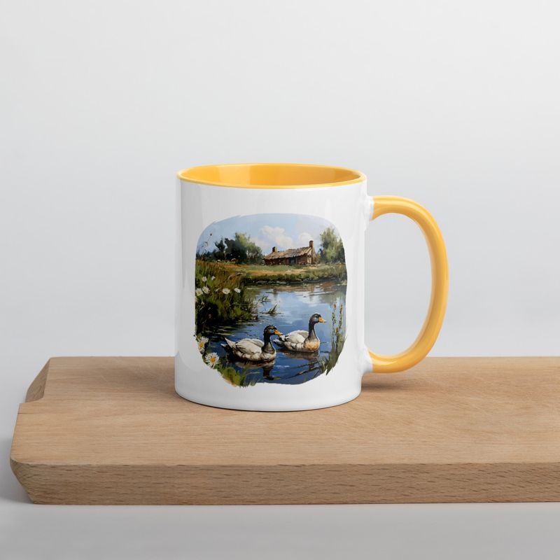 White Ceramic Mug with Color Inside, 11 &amp;15oz, Ducks in love swimming in farmhouse pond 