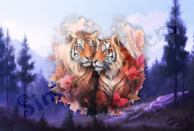 Tigers in love in reddish flowers and butterfly, watercolour