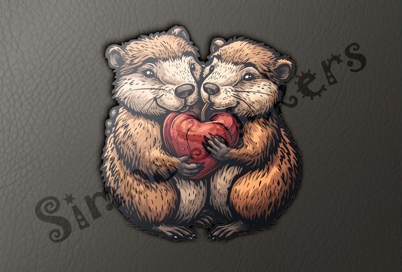 Beavers in love holding Valentine&#x27;s heart
