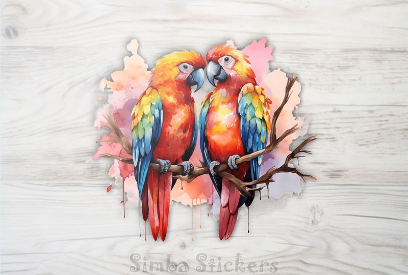 Parrots in love perching nose-to-nose in pinkish background, watercolour, cpi3i9