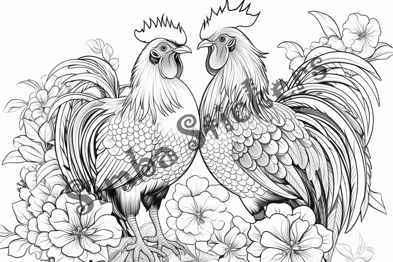 Colouring pages, bundle of chicken in love, mostly in flowers, 10 images
