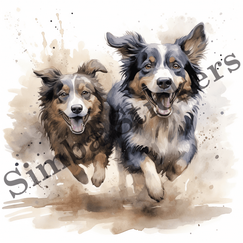 Dogs running, chasing each other, watercolour, image set, 10 images