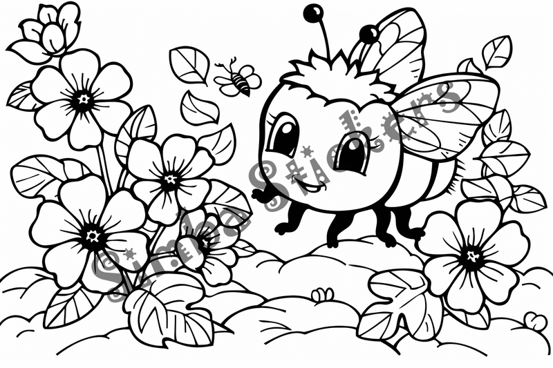 Colouring pages, bundle of bees around flowers, 10 images
