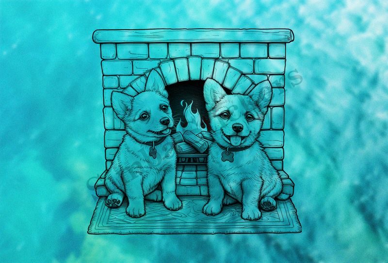 Dogs in love by the fireplace, outline art, reqw9m