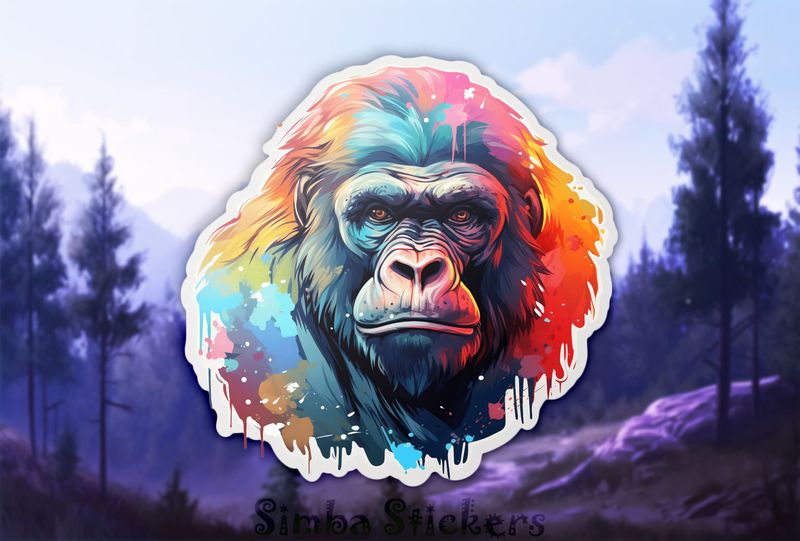 Gorilla staring straight ahead, colourful watercolour, vzntby