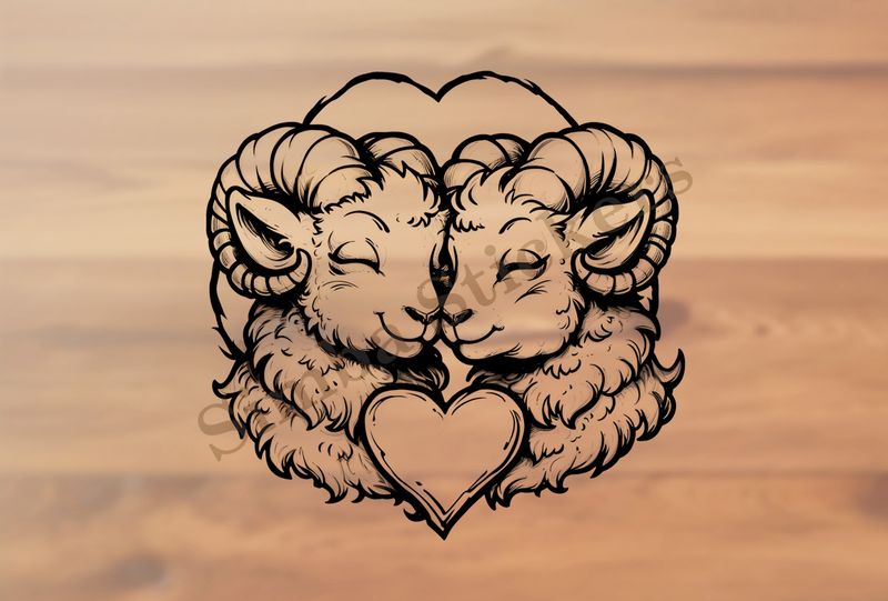 Sheep in love, heart at centre, outline art