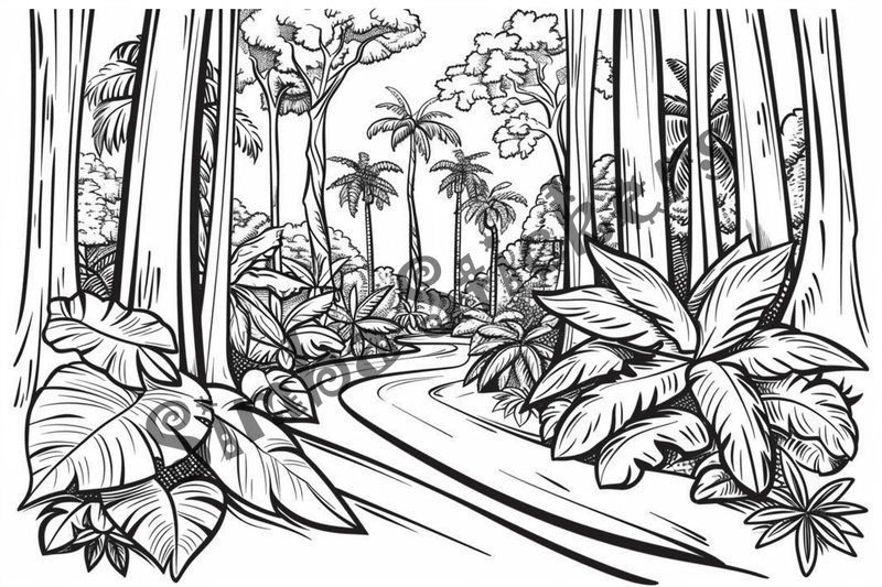 Colouring pages, bundle of Equatorial Rainforest landscape, 25 images