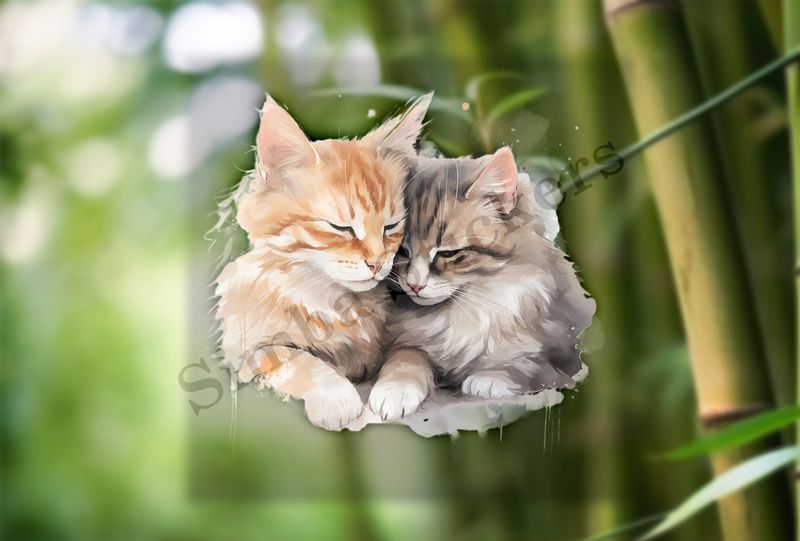 Cats cuddling, watercolour
