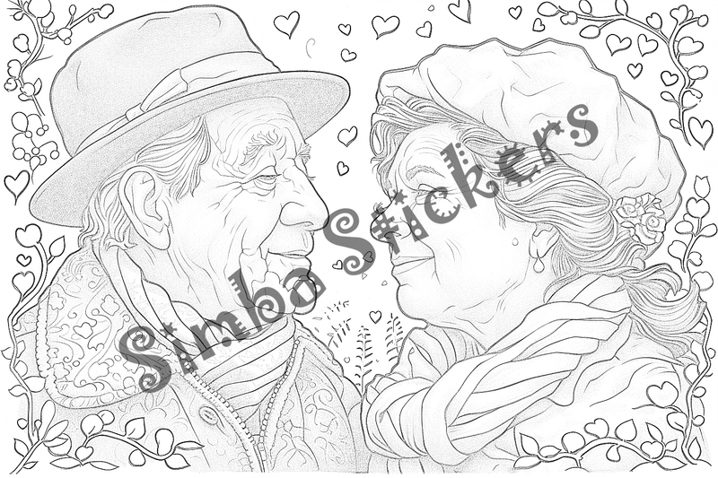 Colouring pages, bundle of people, elderly and grandparents with children, 50 images