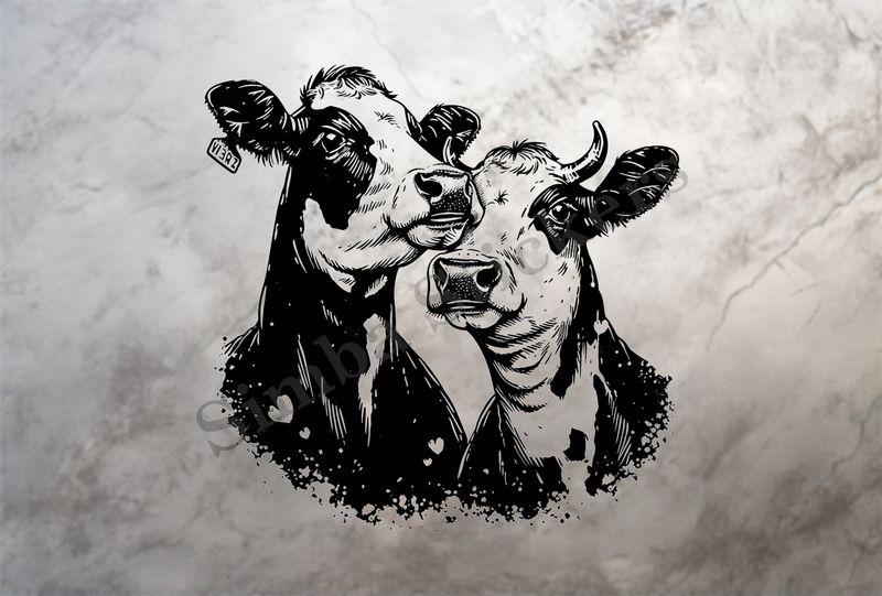 Cattle, bull and cow, both black and white  , outline art
