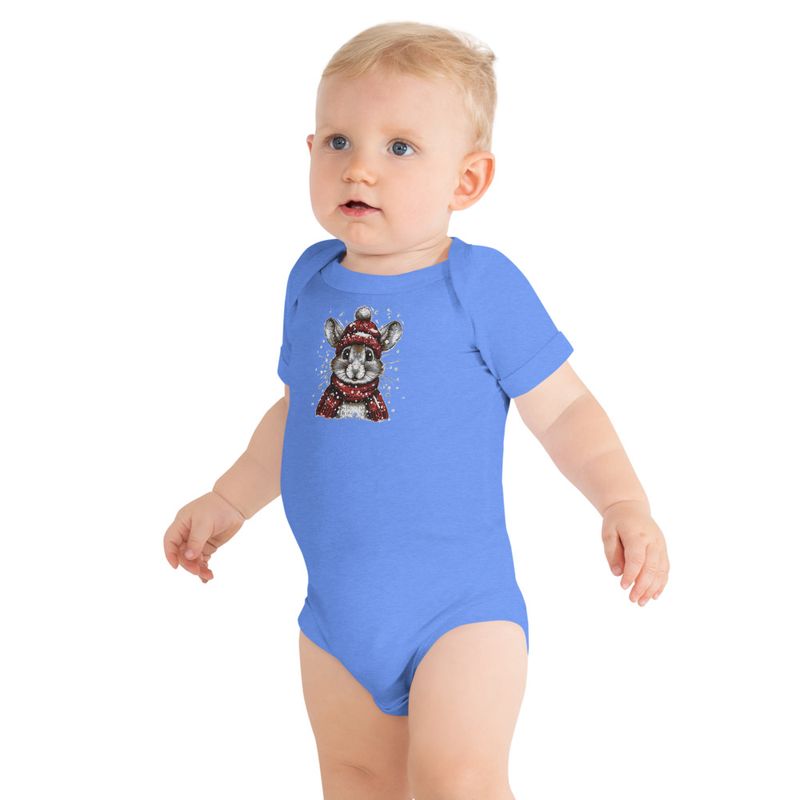 Embroidered Baby Short Sleeve One Piece, Mouse wearing red winter hat and scarf in the snow, xg8dl3