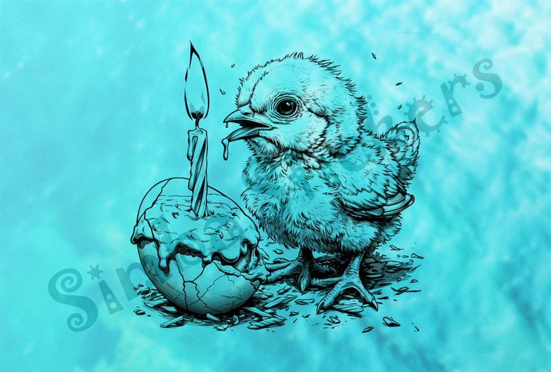 Chick about to blow out birthday candle stuck inside egg