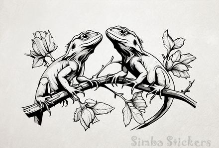 Two lizards in on a branch, outline art