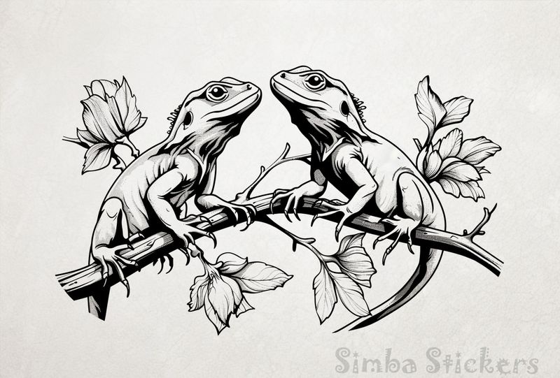 Two lizards in on a branch, outline art