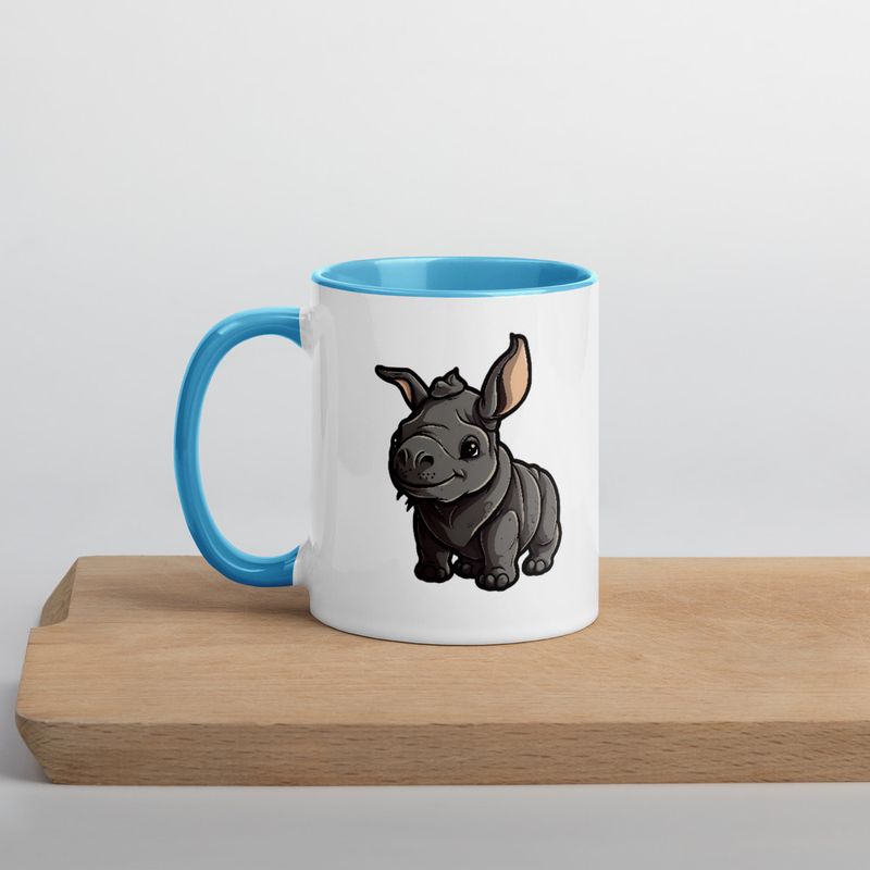 White Ceramic Mug with Color Inside, 11oz &amp; 15oz, Black rhino calf looking cute 