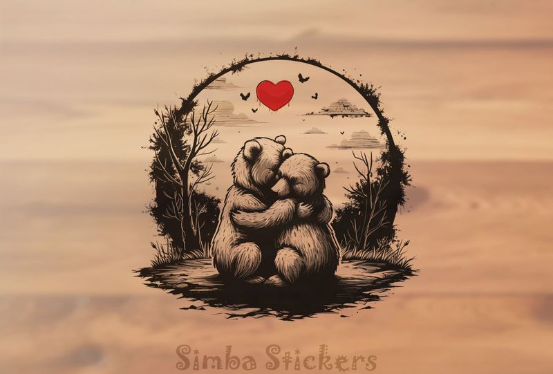 Bears in loving embrace with Valentine heart above, outline art, tnjxjy