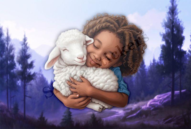 Sheep being hugged by happy girl with frizzy hair