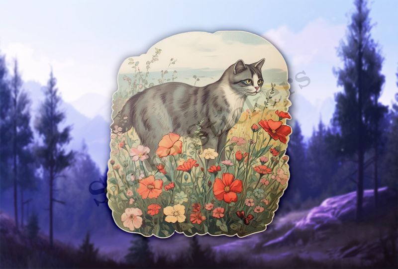 Vintage cat in flower field